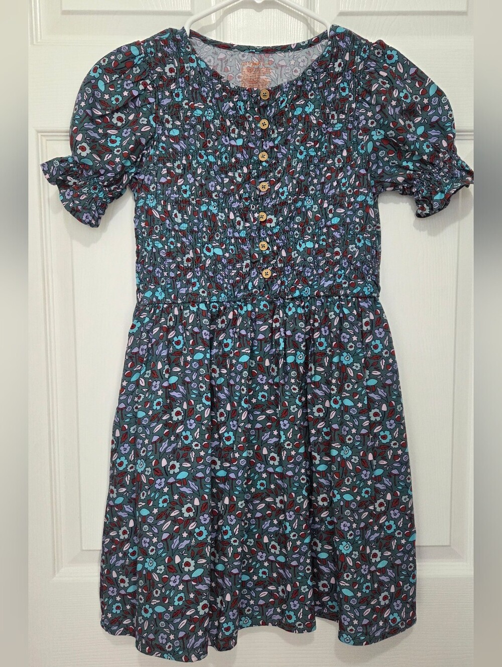 Cat & Jack Girls Floral Smocked Short Puff Sleeve Dress Button Detail Size XL 14